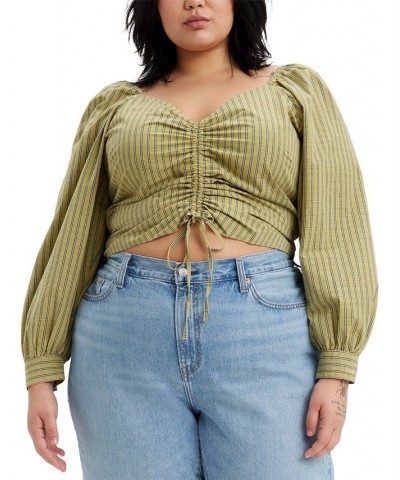 Trendy Plus Size Devin Cotton Plaid Ruched Balloon-Sleeve Top Zelda Plaid Weeping Willow $34.30 Tops