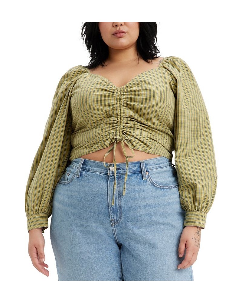 Trendy Plus Size Devin Cotton Plaid Ruched Balloon-Sleeve Top Zelda Plaid Weeping Willow $34.30 Tops