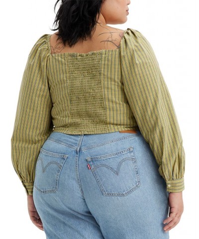 Trendy Plus Size Devin Cotton Plaid Ruched Balloon-Sleeve Top Zelda Plaid Weeping Willow $34.30 Tops