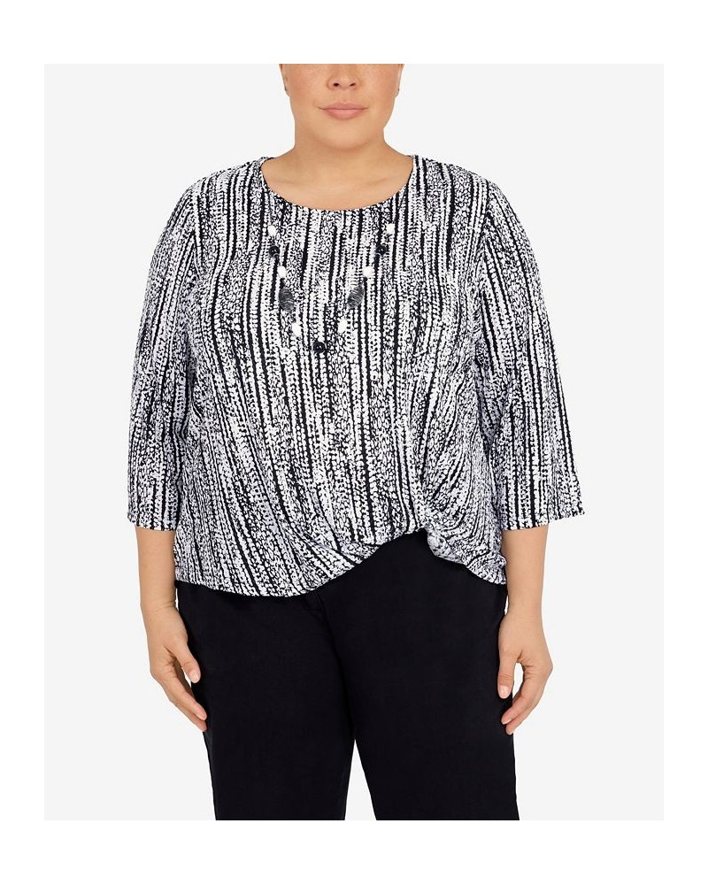 Plus Size Summer In The City Vertical Twist Hem Crew Neck Top With Necklace Onyx, White $30.87 Tops