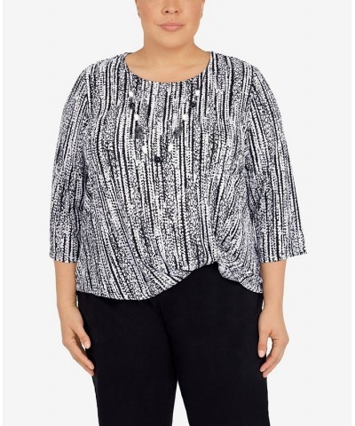 Plus Size Summer In The City Vertical Twist Hem Crew Neck Top With Necklace Onyx, White $30.87 Tops