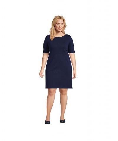 Women's Plus Size Heavyweight Cotton Jersey Elbow Sleeve Dress Blue $40.77 Dresses