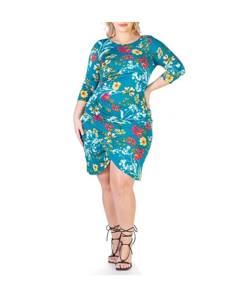 Plus Size Ruched Dress Green and Pink Multi $22.25 Dresses