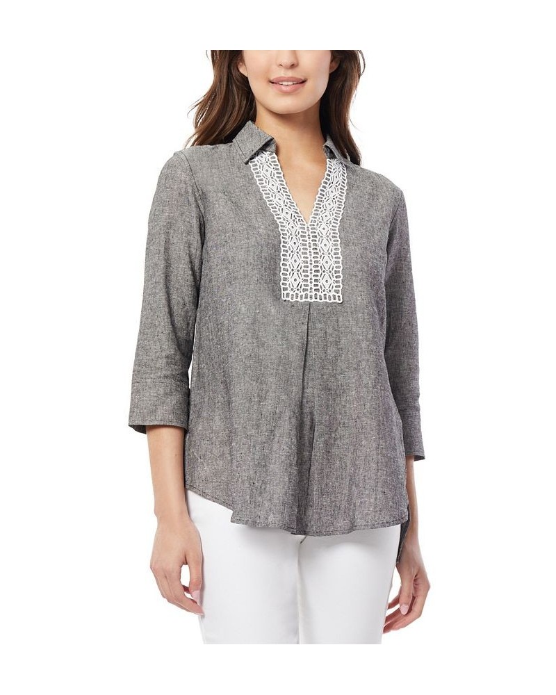 Women's Lace Trim V-Neck High-Low Linen Tunic Blouse Gray $45.77 Tops