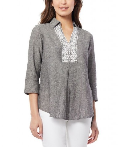 Women's Lace Trim V-Neck High-Low Linen Tunic Blouse Gray $45.77 Tops