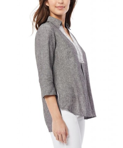 Women's Lace Trim V-Neck High-Low Linen Tunic Blouse Gray $45.77 Tops