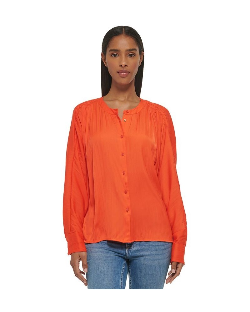 Women's Gathered Dolman-Sleeve Button-Front Blouse Orange $49.75 Tops