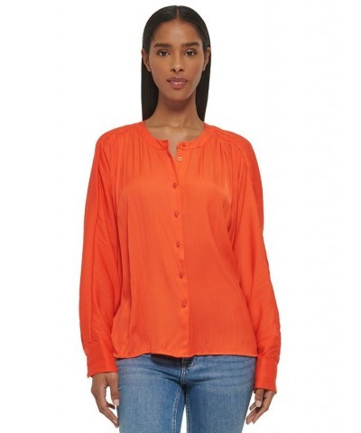 Women's Gathered Dolman-Sleeve Button-Front Blouse Orange $49.75 Tops