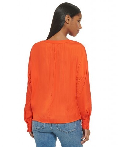 Women's Gathered Dolman-Sleeve Button-Front Blouse Orange $49.75 Tops