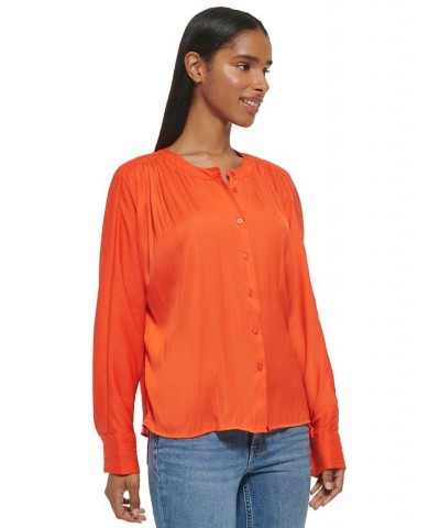 Women's Gathered Dolman-Sleeve Button-Front Blouse Orange $49.75 Tops