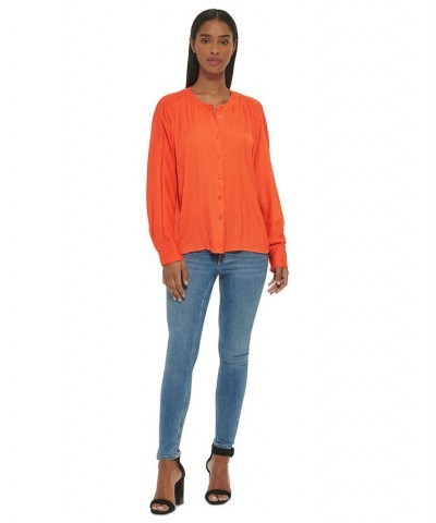 Women's Gathered Dolman-Sleeve Button-Front Blouse Orange $49.75 Tops