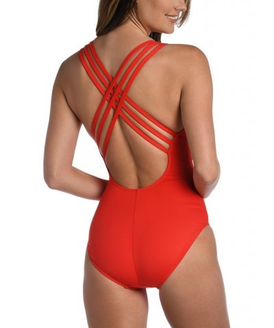 Island Goddess Tummy-Control Strappy One-Piece Swimsuit Red $67.50 Swimsuits