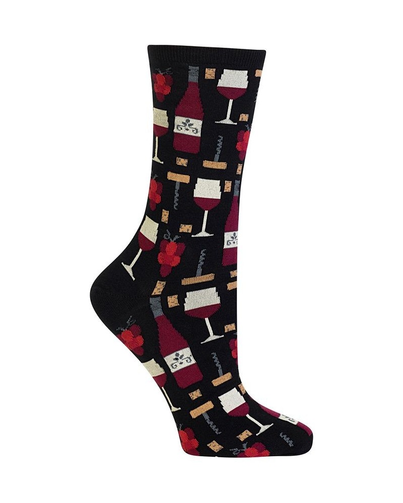 Women's Wine Print Fashion Crew Socks Black $10.45 Socks