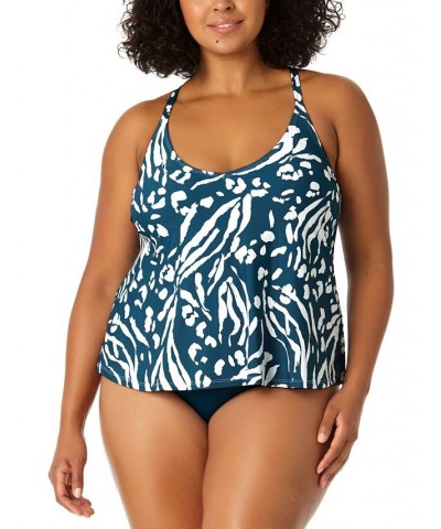 Plus Size Printed Crisscross Tankini Top Blue/White Jungle Print $33.66 Swimsuits