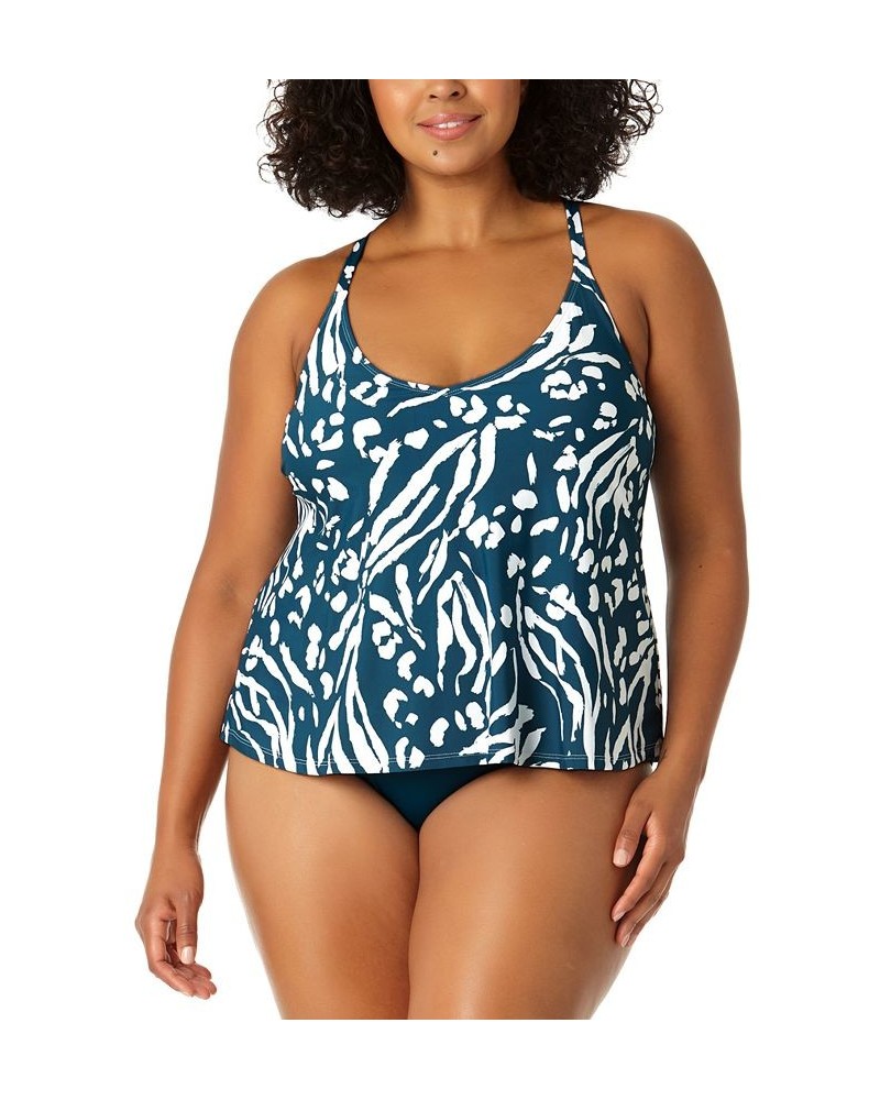 Plus Size Printed Crisscross Tankini Top Blue/White Jungle Print $33.66 Swimsuits