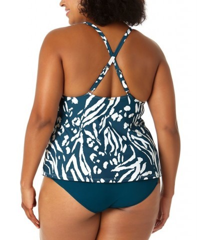 Plus Size Printed Crisscross Tankini Top Blue/White Jungle Print $33.66 Swimsuits