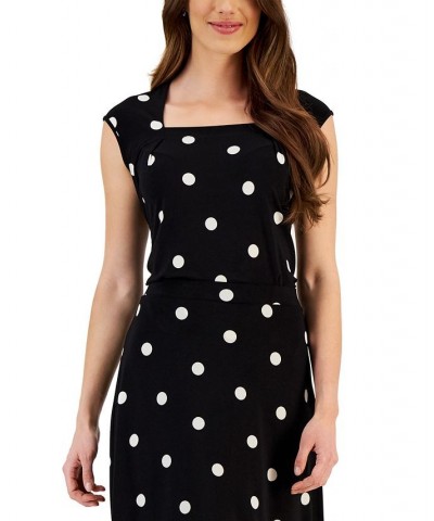 Women's Square-Neck Polka Dot Cap-Sleeve Top Black/Lily White $23.60 Tops