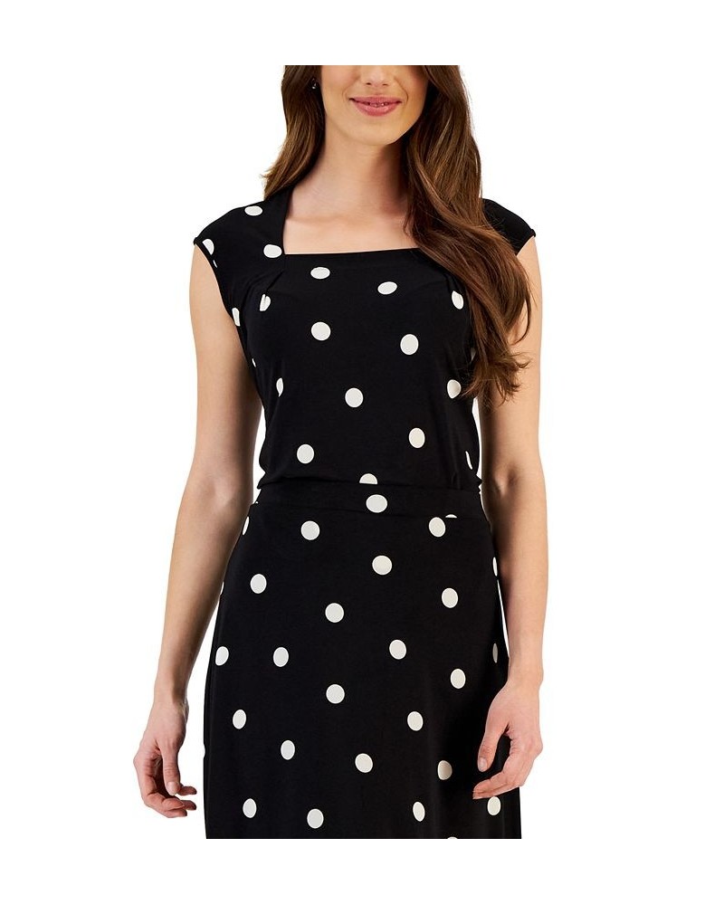 Women's Square-Neck Polka Dot Cap-Sleeve Top Black/Lily White $23.60 Tops