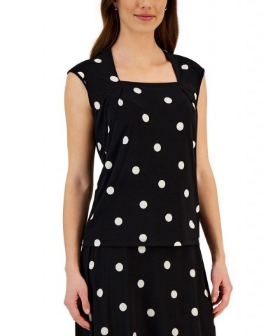 Women's Square-Neck Polka Dot Cap-Sleeve Top Black/Lily White $23.60 Tops