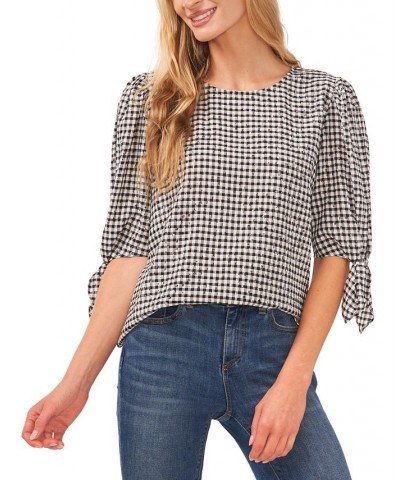 Women's Gingham Tie-Sleeve Blouse Rich Black $26.85 Tops