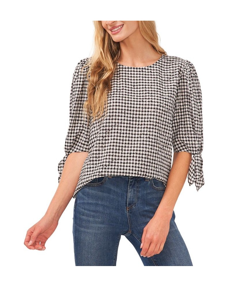 Women's Gingham Tie-Sleeve Blouse Rich Black $26.85 Tops