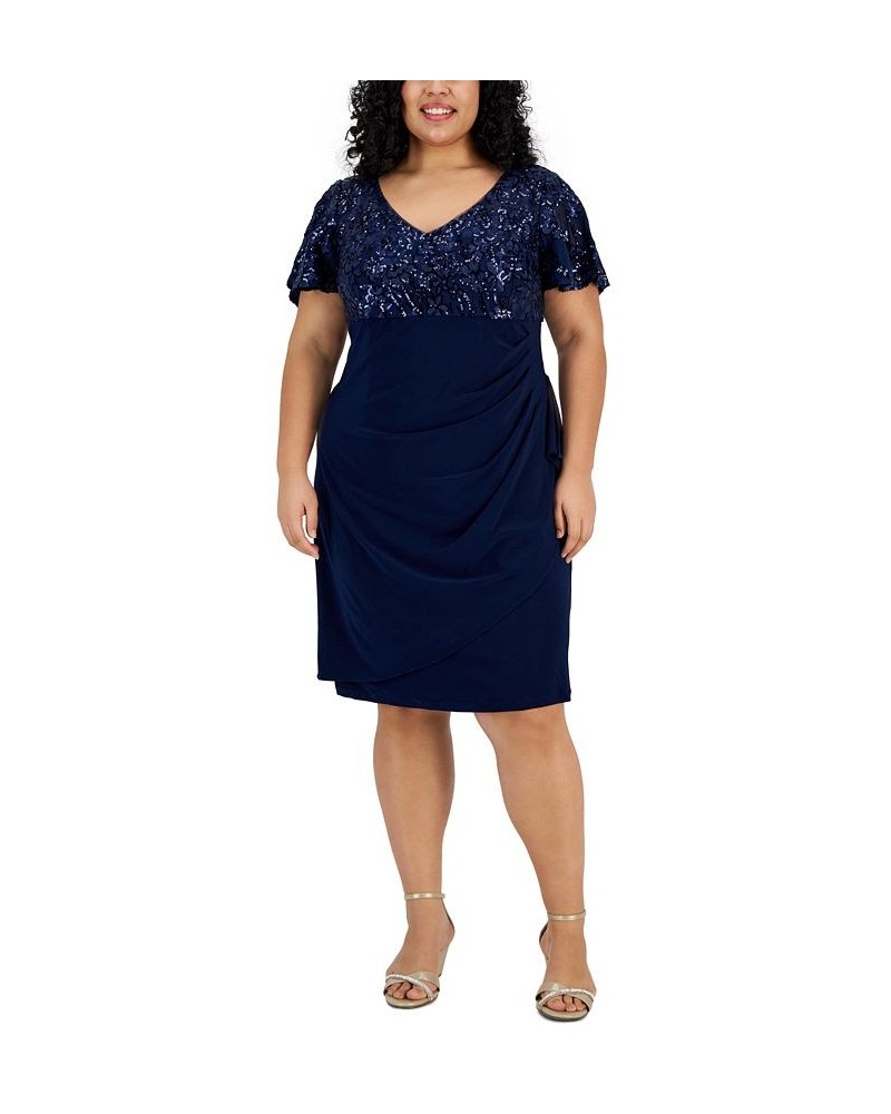 Plus Size V-Neck Short-Sleeve Embellished Sheath Dress Navy $94.05 Dresses