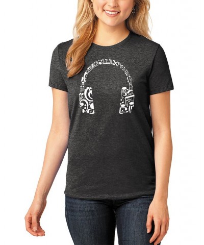 Women's Word Art Music Note Headphones T-Shirt Black $21.08 Tops