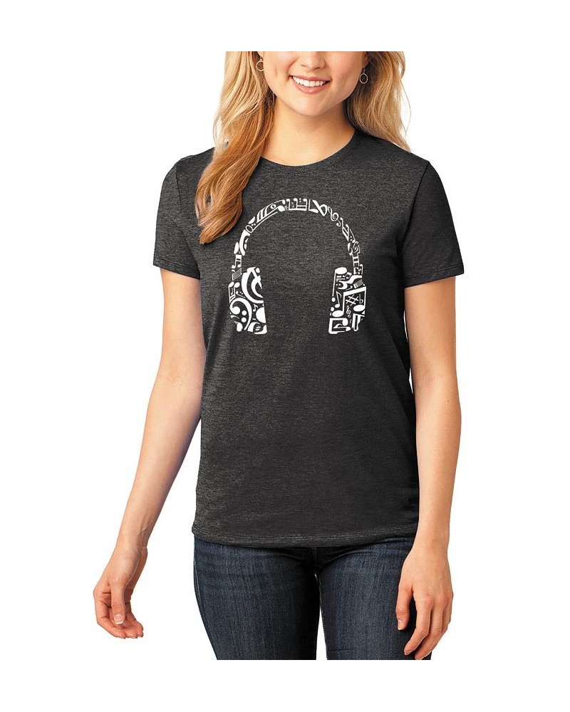 Women's Word Art Music Note Headphones T-Shirt Black $21.08 Tops