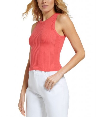 Women's Ribbed Knit Crewneck Sleeveless Sweater Punch Pink $27.14 Sweaters