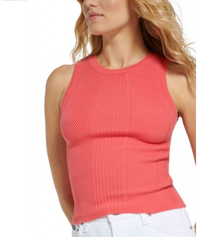 Women's Ribbed Knit Crewneck Sleeveless Sweater Punch Pink $27.14 Sweaters