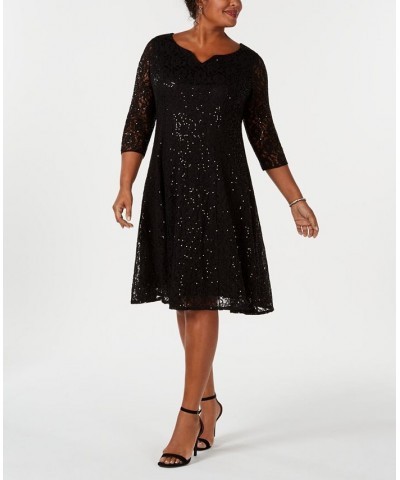 Plus Size Sequined Lace Dress Black $60.42 Dresses