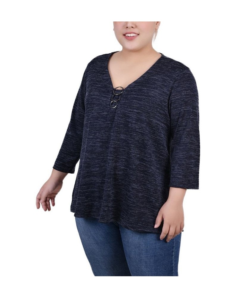 Plus Size 3/4 Sleeve 3-Ring Top Blue $12.85 Tops