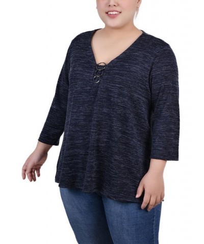 Plus Size 3/4 Sleeve 3-Ring Top Blue $12.85 Tops