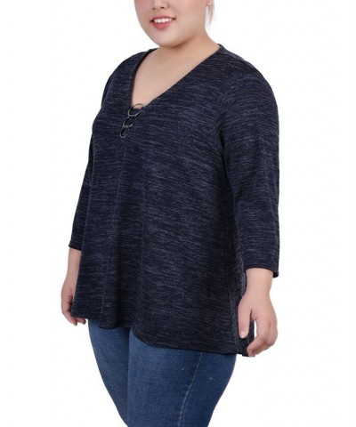 Plus Size 3/4 Sleeve 3-Ring Top Blue $12.85 Tops