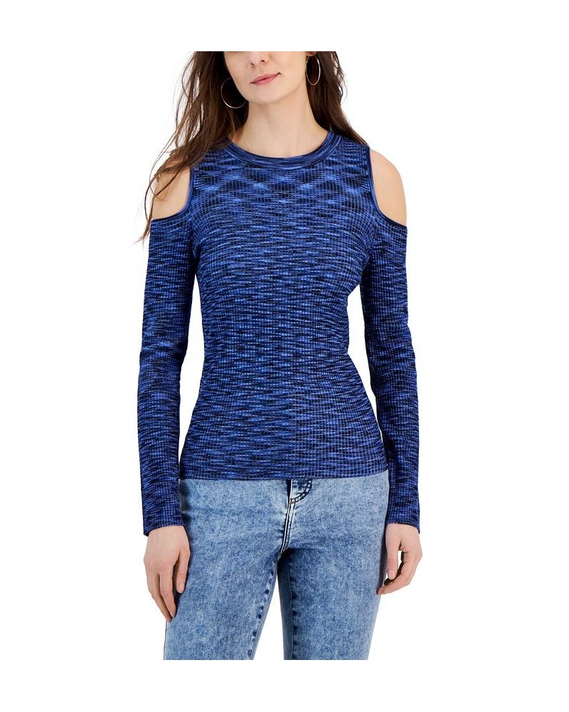 Women's Cold Shoulder Space Dye Sweater Blue $23.08 Sweaters