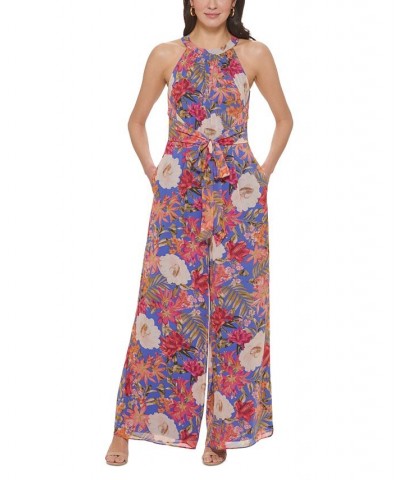 Women's Printed Chiffon Tie-Front Jumpsuit Porcelain Blue $64.08 Pants