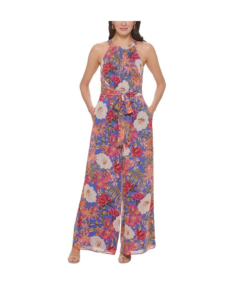 Women's Printed Chiffon Tie-Front Jumpsuit Porcelain Blue $64.08 Pants