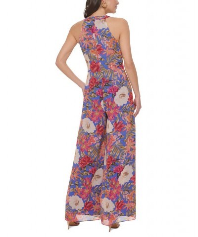 Women's Printed Chiffon Tie-Front Jumpsuit Porcelain Blue $64.08 Pants