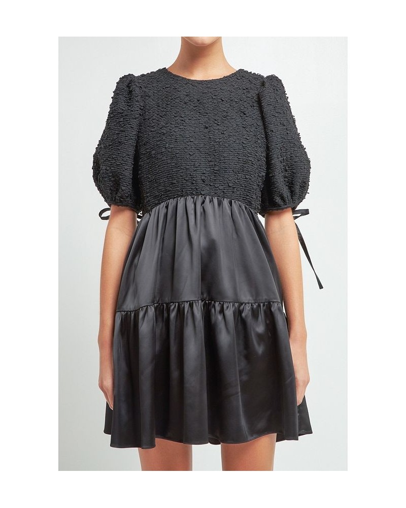 Women's Satin Contrast Tweed Mini Dress Black $68.60 Dresses