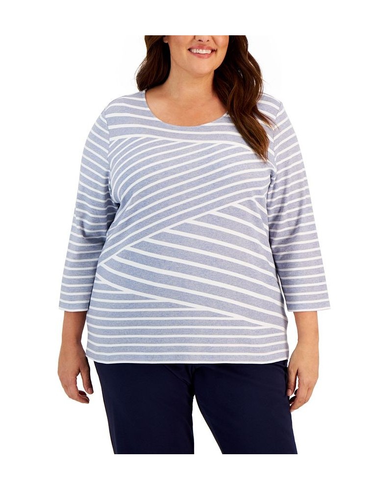 Plus Size 3/4-Sleeve Striped Top Light Blue Heather $14.19 Tops