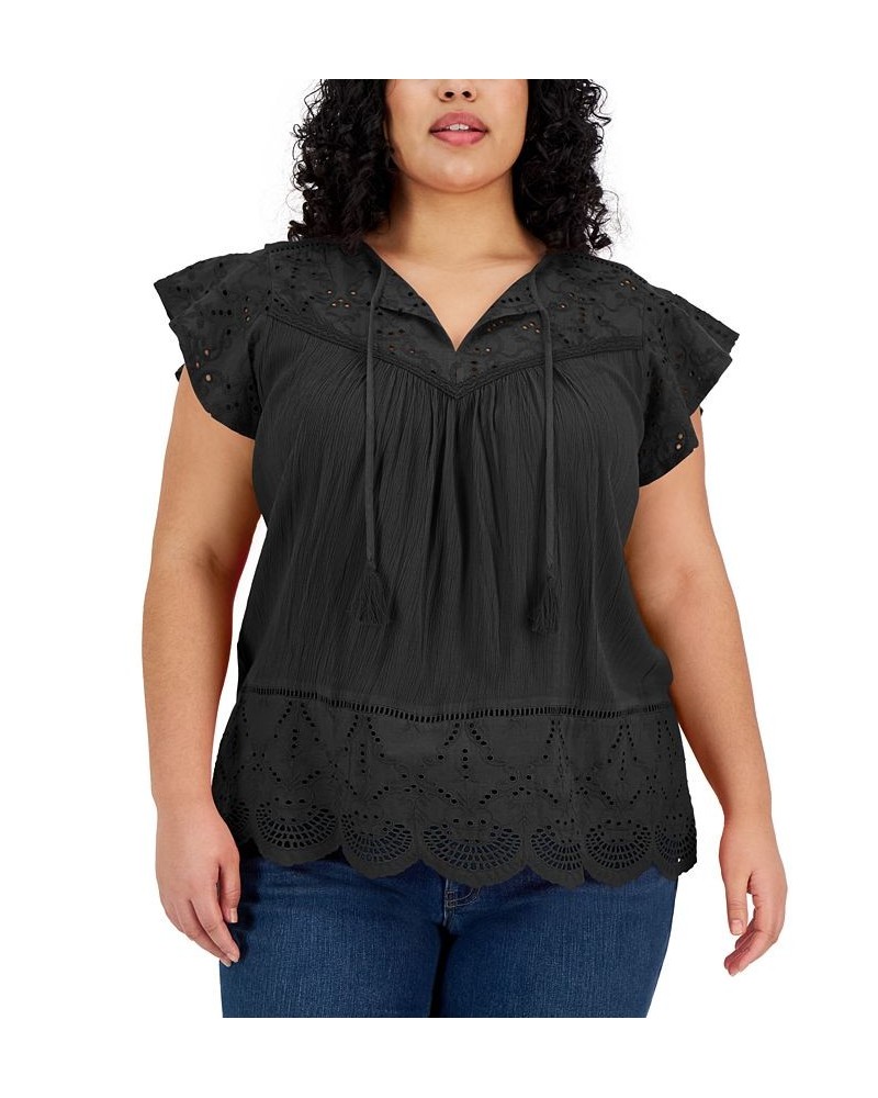 Plus Size Eyelet Split-Neck Blouse Black $34.06 Tops