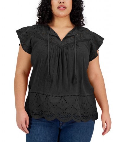 Plus Size Eyelet Split-Neck Blouse Black $34.06 Tops