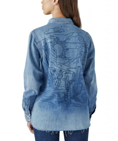 Western Embroidered Back Chambray Button Down Top Wild West $34.27 Tops