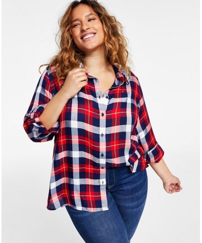 Plus Size Roll-Tab Plaid Shirt Scarlet Multi $24.75 Tops