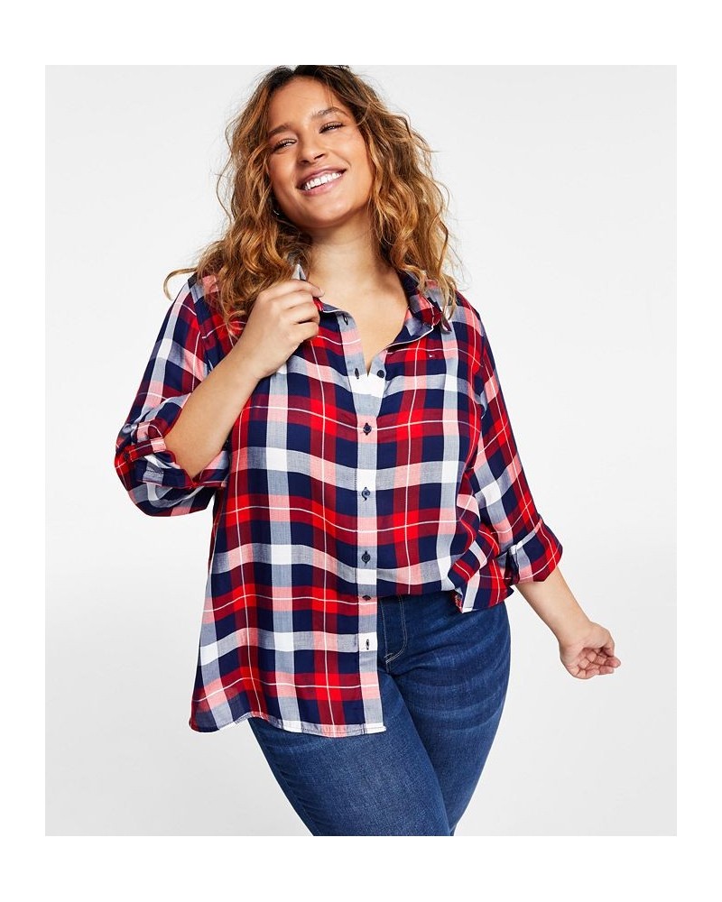 Plus Size Roll-Tab Plaid Shirt Scarlet Multi $24.75 Tops