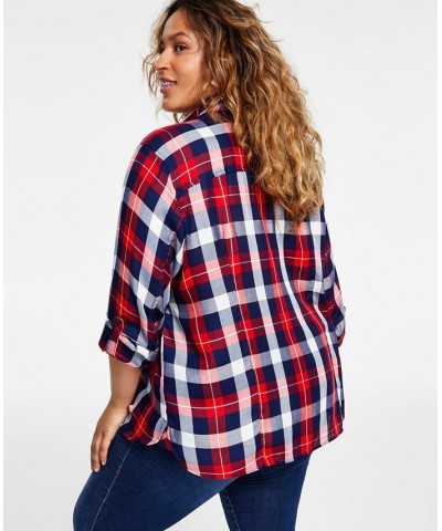 Plus Size Roll-Tab Plaid Shirt Scarlet Multi $24.75 Tops