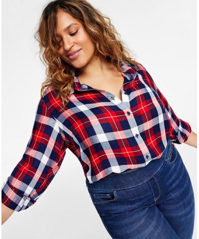 Plus Size Roll-Tab Plaid Shirt Scarlet Multi $24.75 Tops