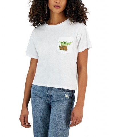 Juniors' Crew-Neck Baby-Yoda-Graphic Pocket T-Shirt White $10.44 Tops