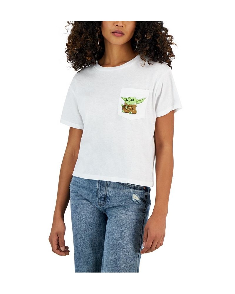 Juniors' Crew-Neck Baby-Yoda-Graphic Pocket T-Shirt White $10.44 Tops