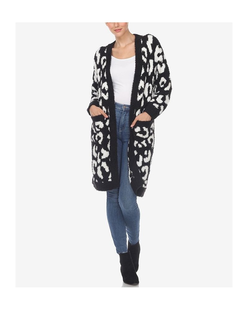 Women's Leopard Print Open Front Sherpa Cardigan Black, White $26.40 Sweaters